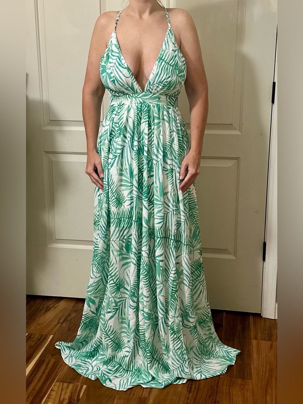 Luxxel White Dress with Green Leaf Print